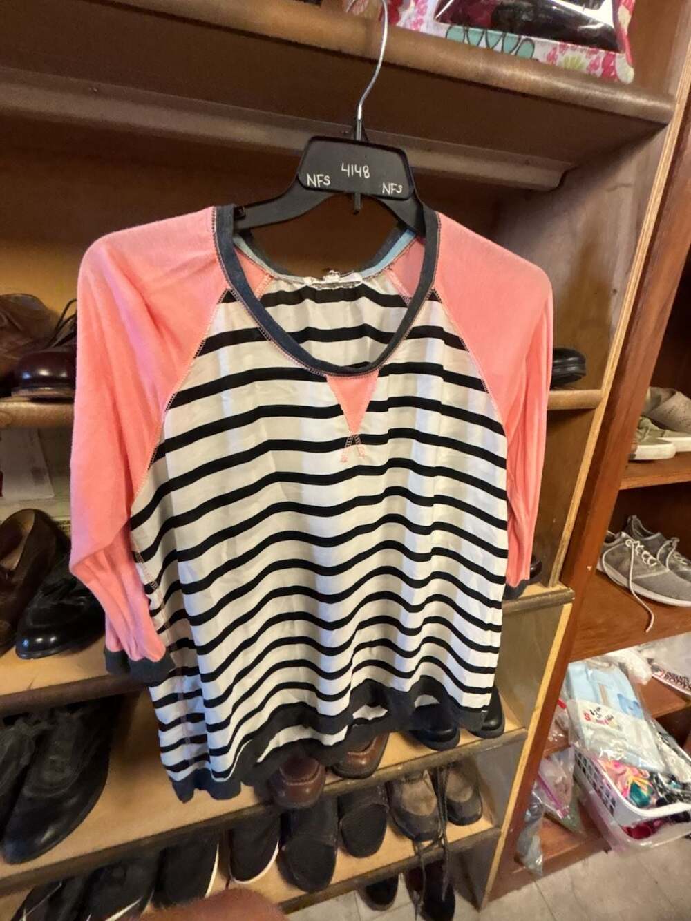 Jolt Women's Striped Raglan Sleeve Top in Electric Coral and White